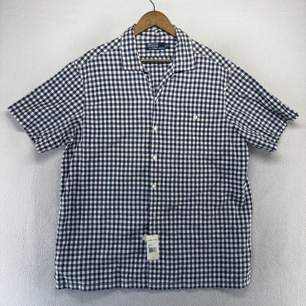 Vintage Polo Ralph Lauren Shirt Mens XL Blue Gingham Camp Deadstock Loop NEW 90s